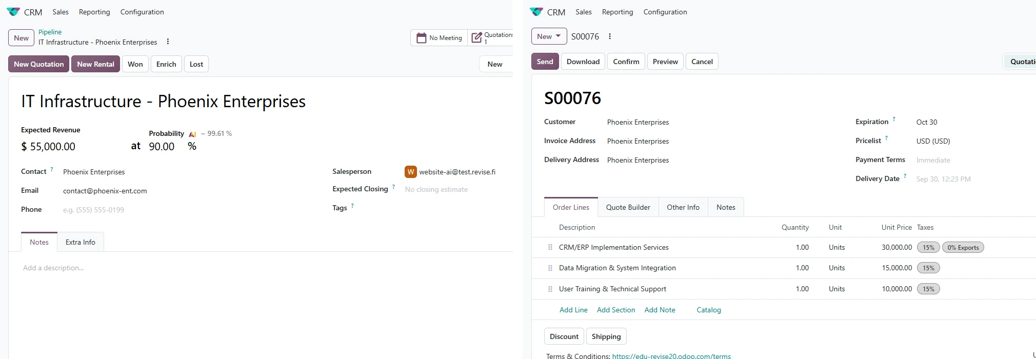 Odoo CRM -myyntimahdollisuus ja siitä syntynyt tarjous samassa näkymässä