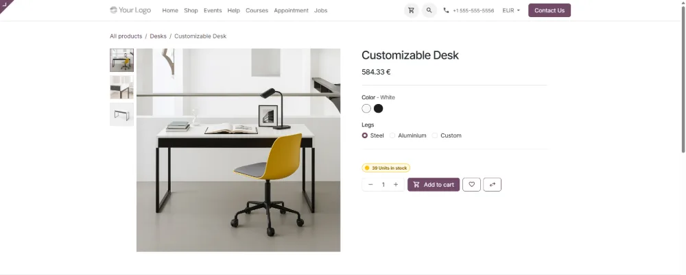 Odoo eCommerce -tuotesivu: hinta, variantit, varastosaldo ja ostoskoriin-painike