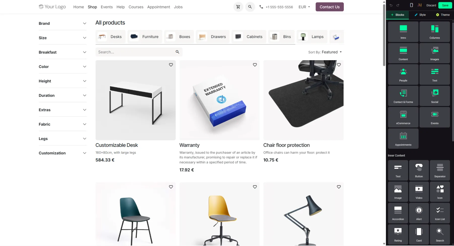 Odoo Website Builder: verkkokaupan tuotelistausta muokataan editorissa, oikealla lohkopaletti jossa ovat muun muassa Intro, Columns, Content, Images ja eCommerce