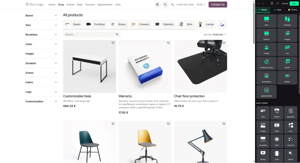 Odoo Website Builder -editori ja lohkopaletti