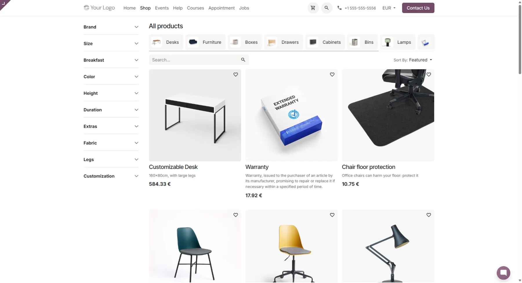 Odoo eCommerce -tuotelistaus: tuotekategoriat, attribuuttisuodattimet vasemmalla sekä tuoteruudukko hintoineen euroina