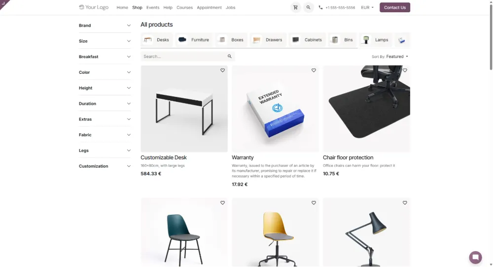 Odoo eCommerce -tuotelistaus kategorioineen ja suodattimineen