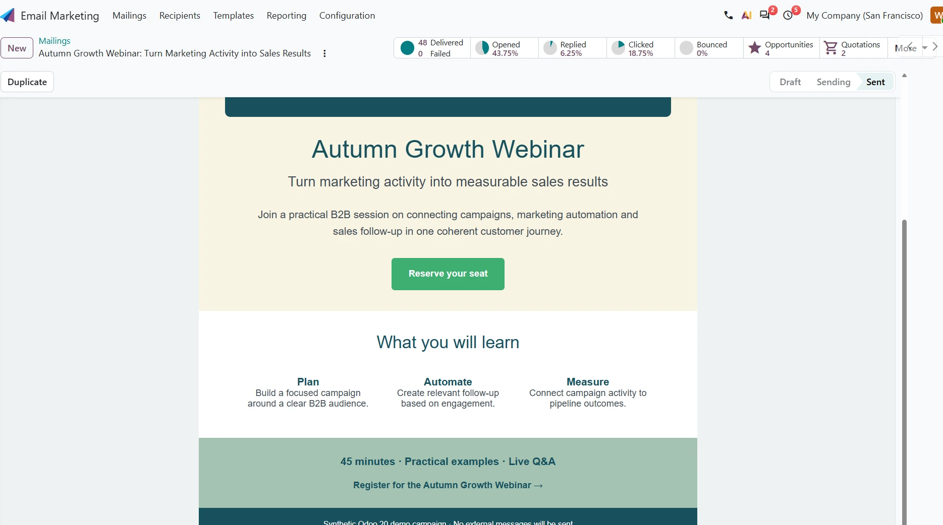 Odoo Email Marketing: webinaariviestin sisalto, Plan, Automate ja Measure -nostot seka kampanjan mittarit